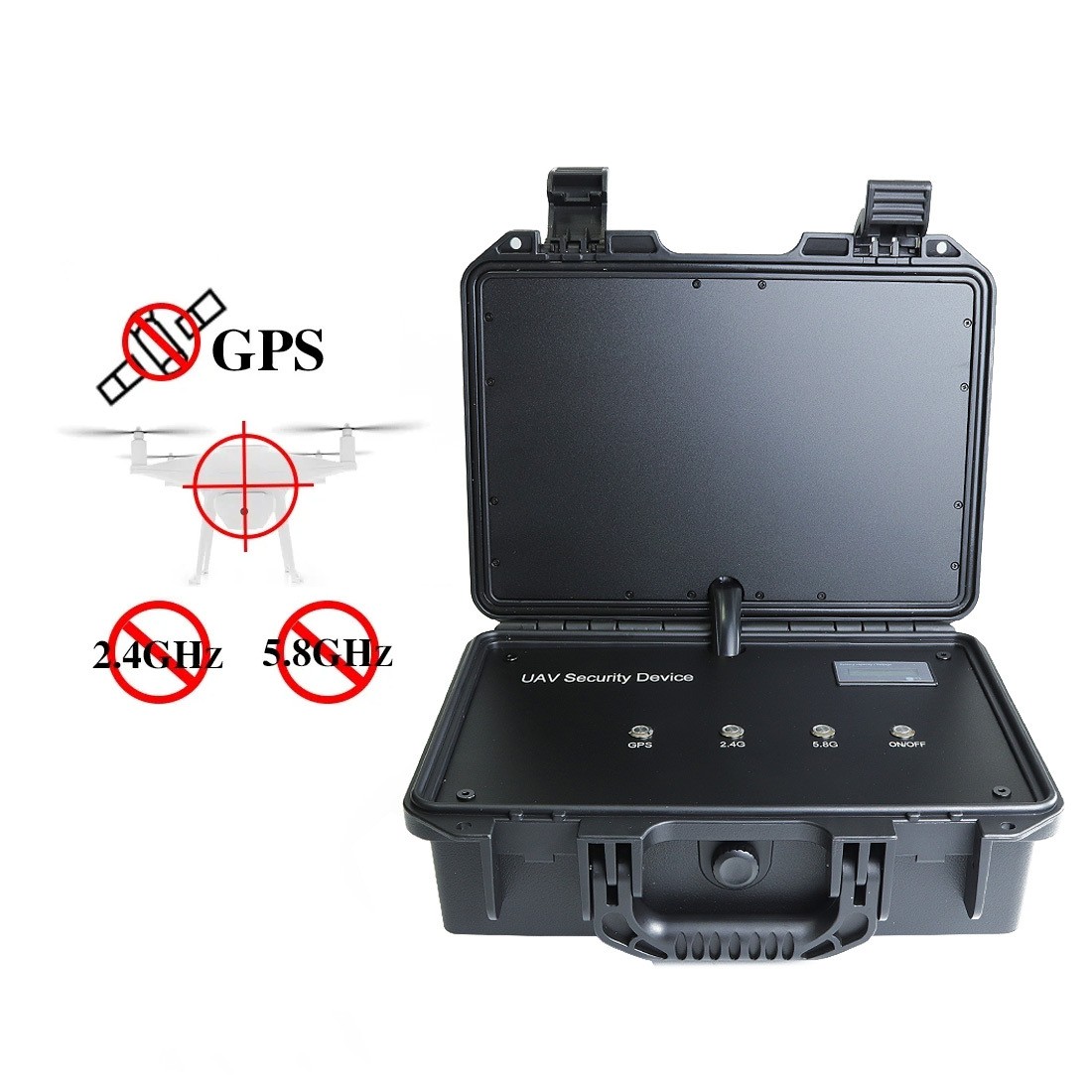 The 120W portable drone jammer device contains 2.4G/5.8G/900MHZ