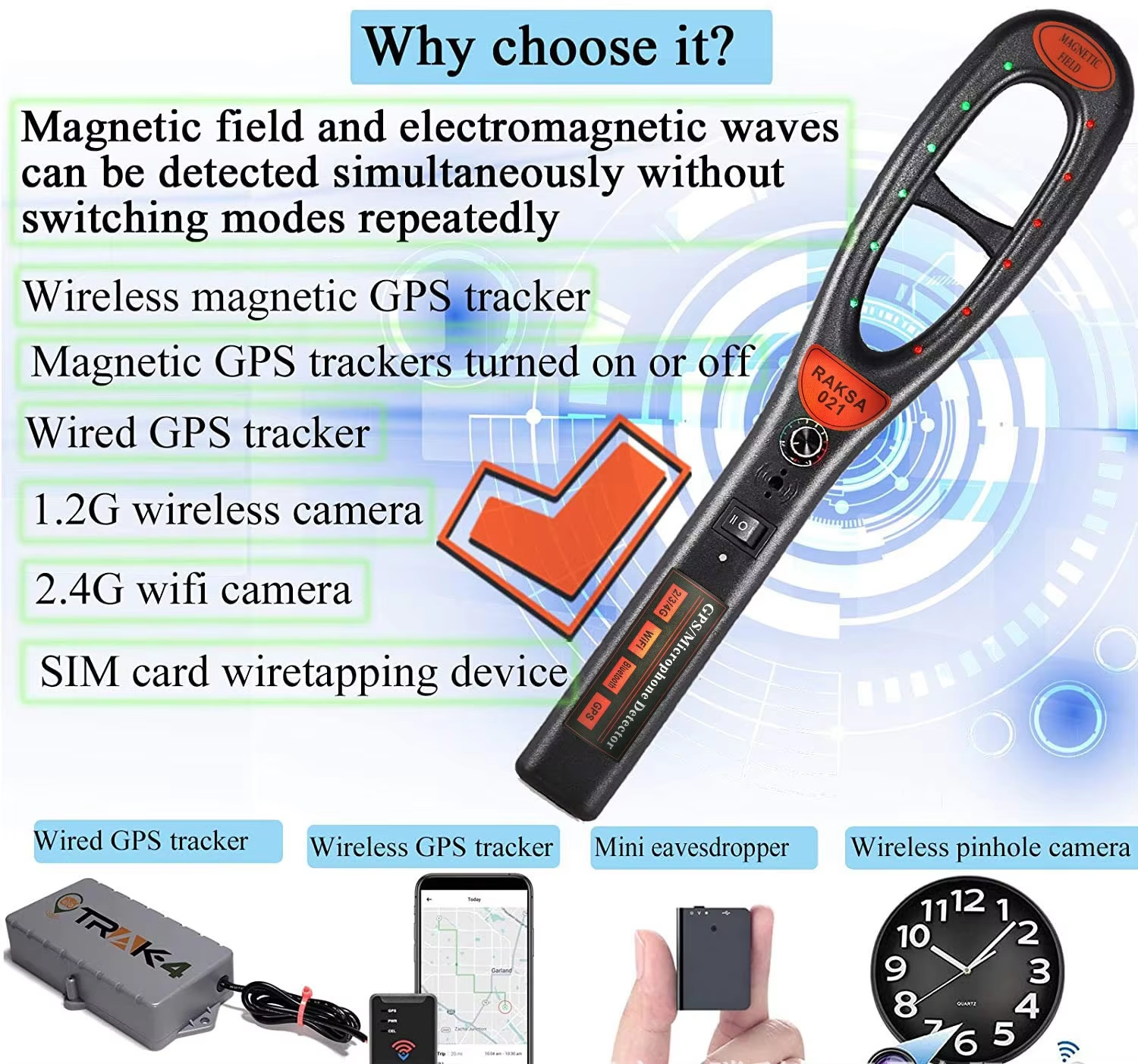 HK809 HK007 Raksa 021 Handheld Detector GPS Tracker Location Wired Wireless Hidden Camera Signal Scanner